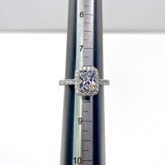 NEW STERLING SILVER | Emerald Cut Halo Engagement Ring - Picture 6 of 7